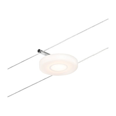 Rond wit LED-kabelspot-element met chromen houder voor moderne verlichtingssystemen.