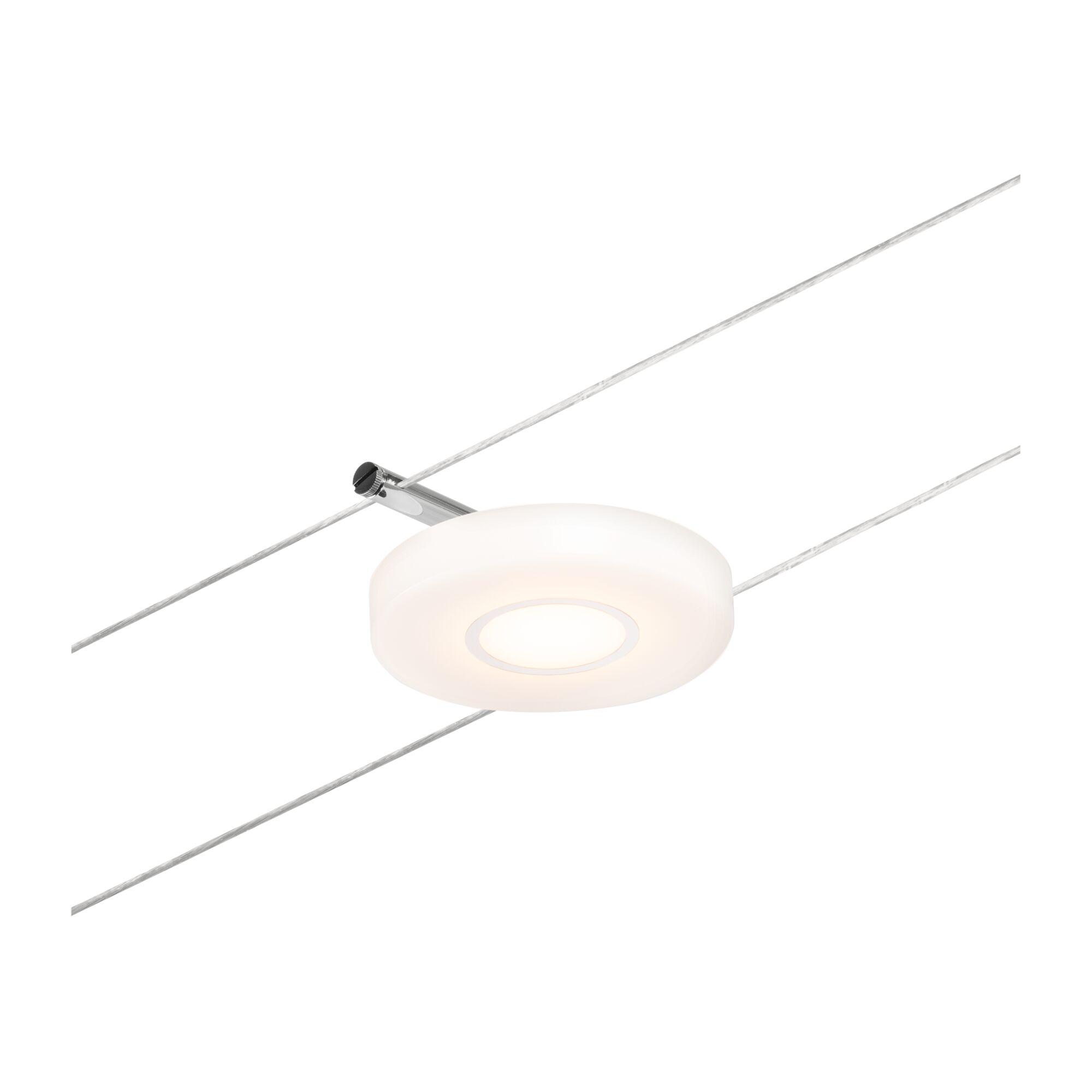 Modern LED ceiling light with white glass and stainless steel cables for stylish room lighting
