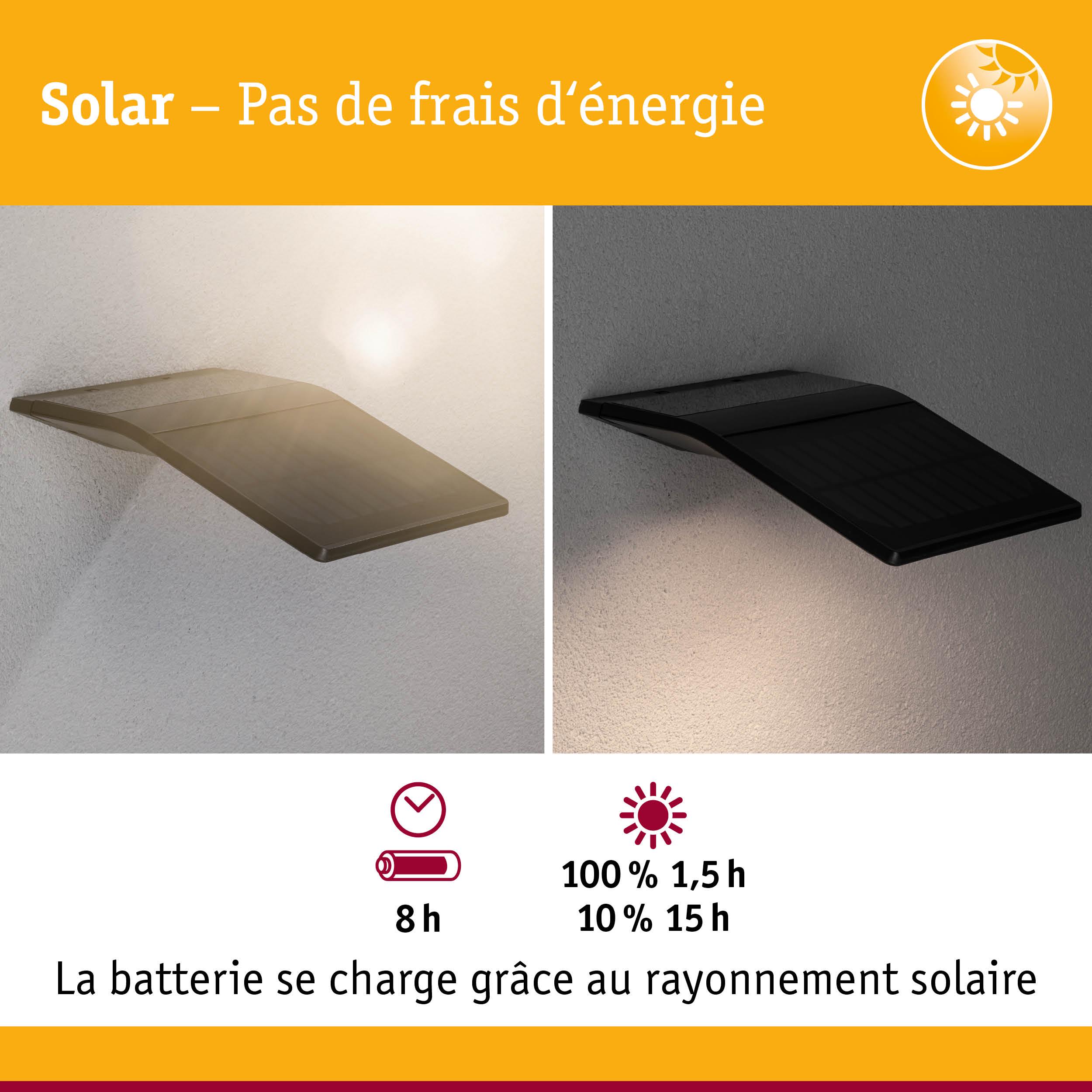 Applique murale solaire noire avec indication de charge et autonomie pour éclairage extérieur économique