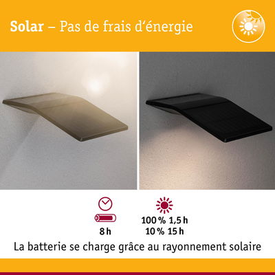 Applique murale solaire noire avec indication de charge et autonomie pour éclairage extérieur économique