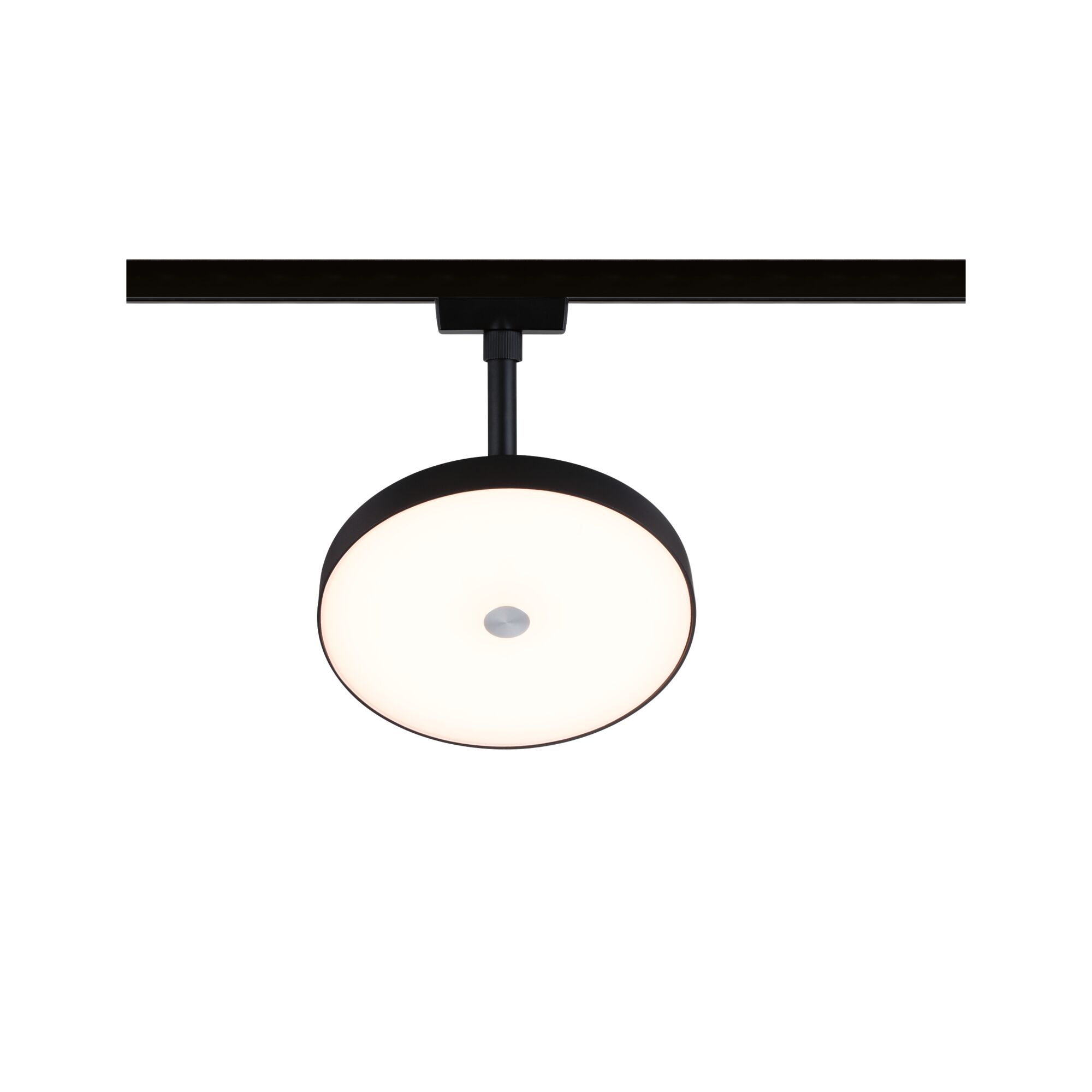 Rund LED-loftlampe med sort metalramme og hvid diffusor til moderne indendørs belysning