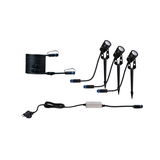 Set of three black LED garden spotlights with ground stakes and connection cable for outdoor lighting