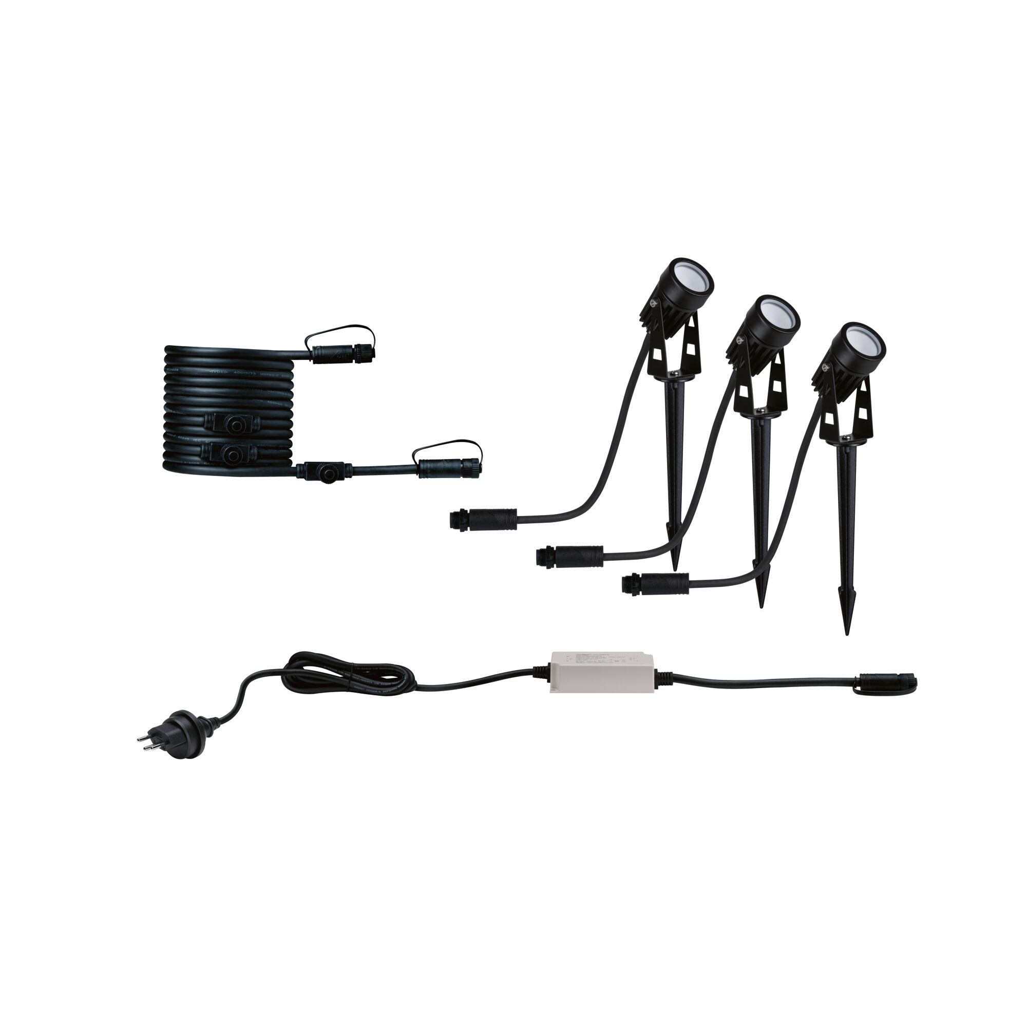 Set mit drei schwarzen LED-Gartenspots auf Erdspießen und Anschlusskabel für Außenbeleuchtung
