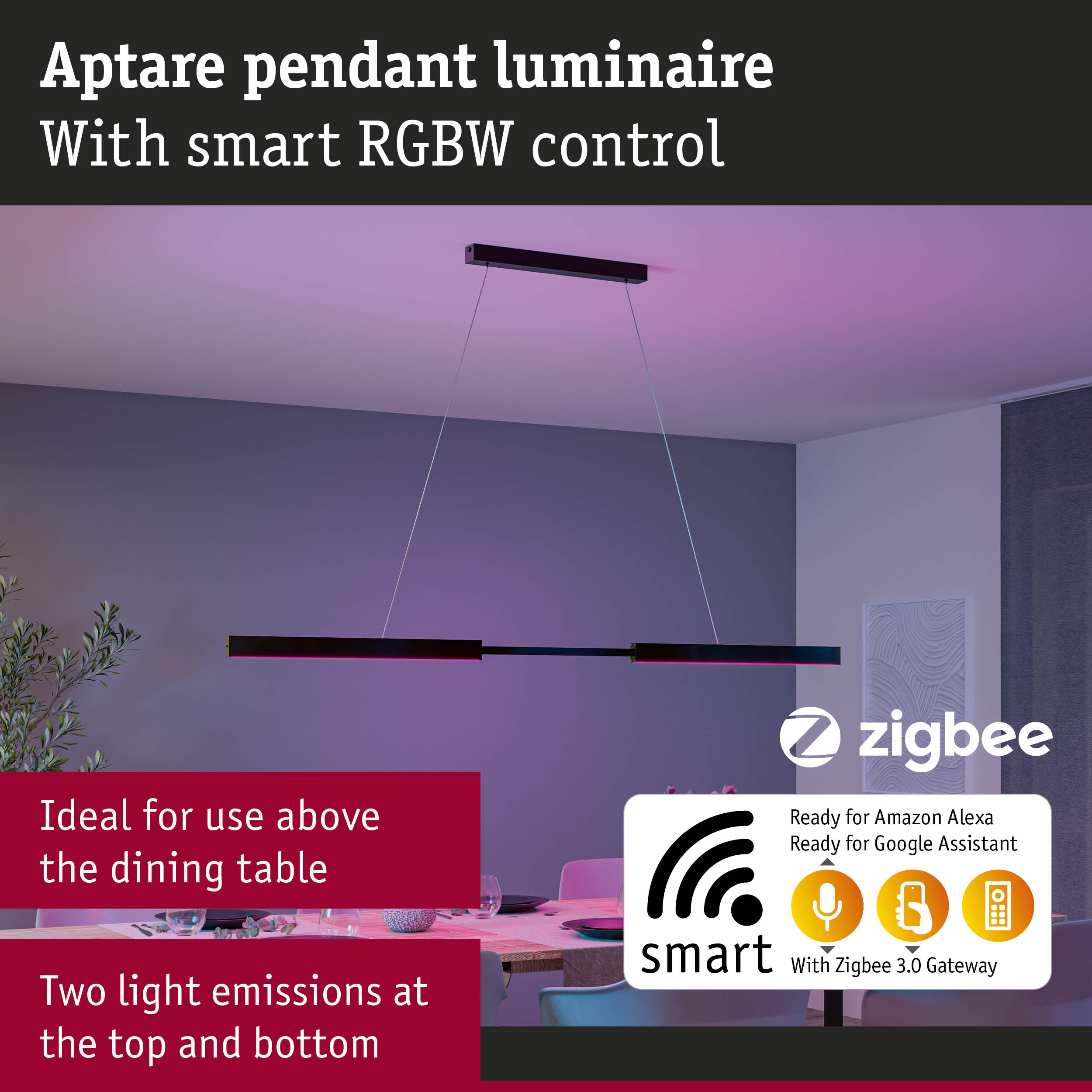 Black Aptare pendant luminaire with smart RGBW control and Zigbee 3.0 gateway for dining room lighting