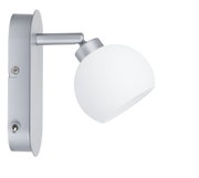 Modern wall lamp with matte silver metal arm and white glass shade for indoor lighting
