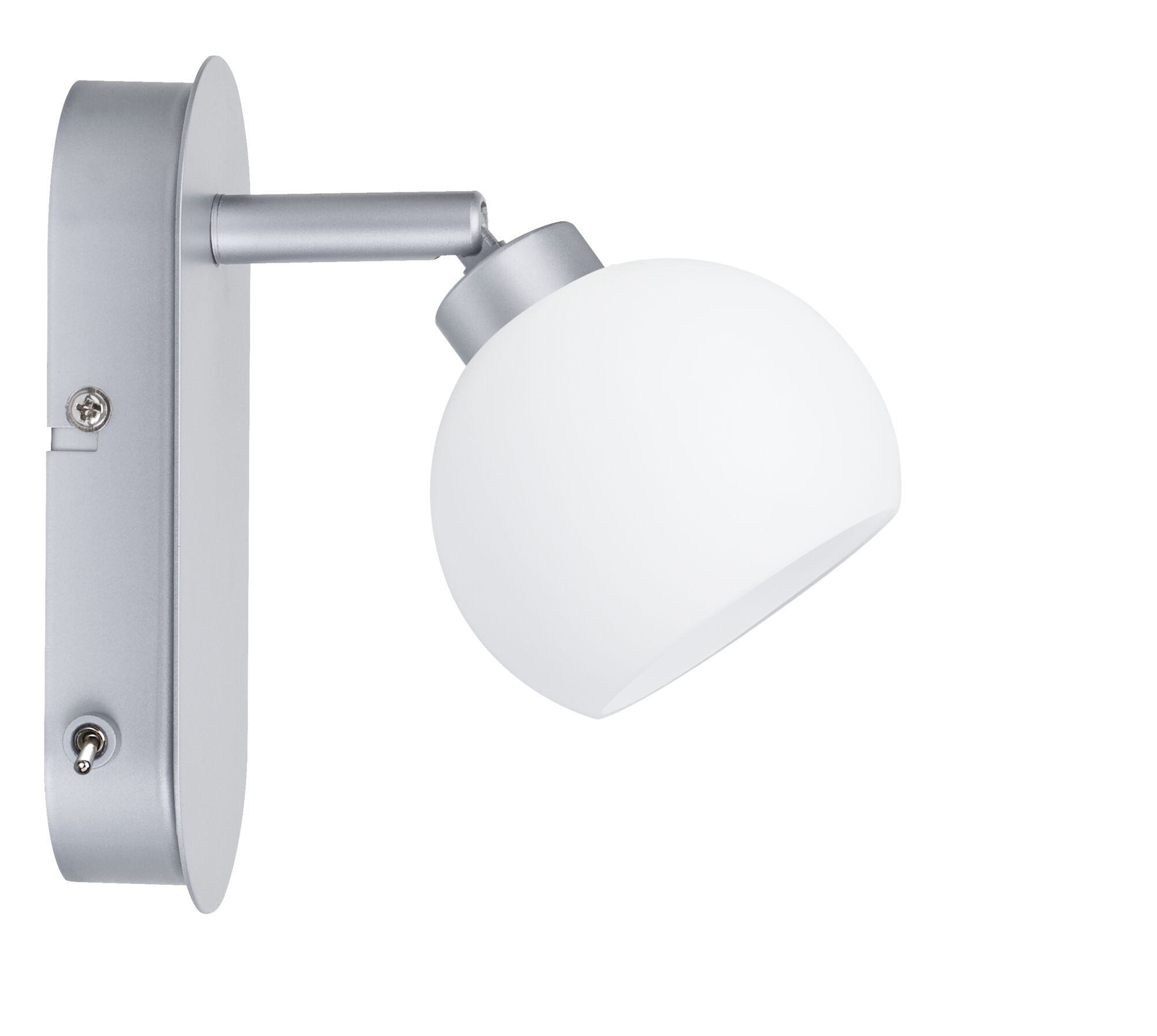 Modern wall lamp with matte silver metal arm and white glass shade for indoor lighting