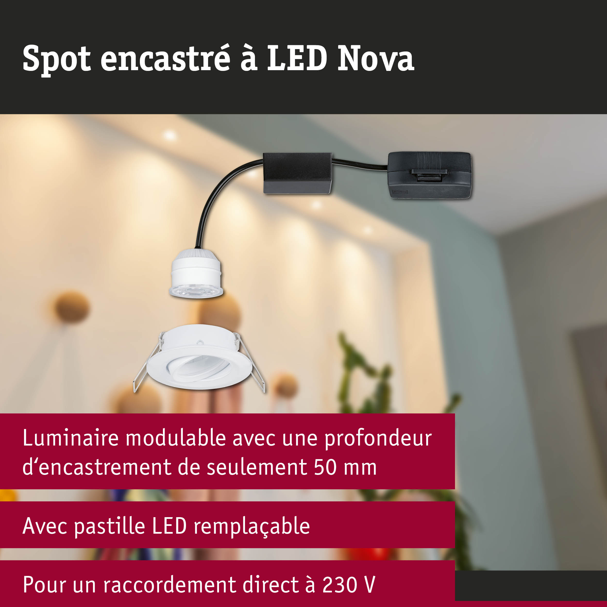 Spot encastré LED Nova blanc avec câble noir et driver pour éclairage économique