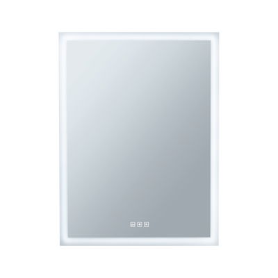 Rectangular LED mirror with white frame and touch controls for bathroom lighting