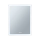 Rectangular LED mirror with white frame and touch controls for bathroom lighting