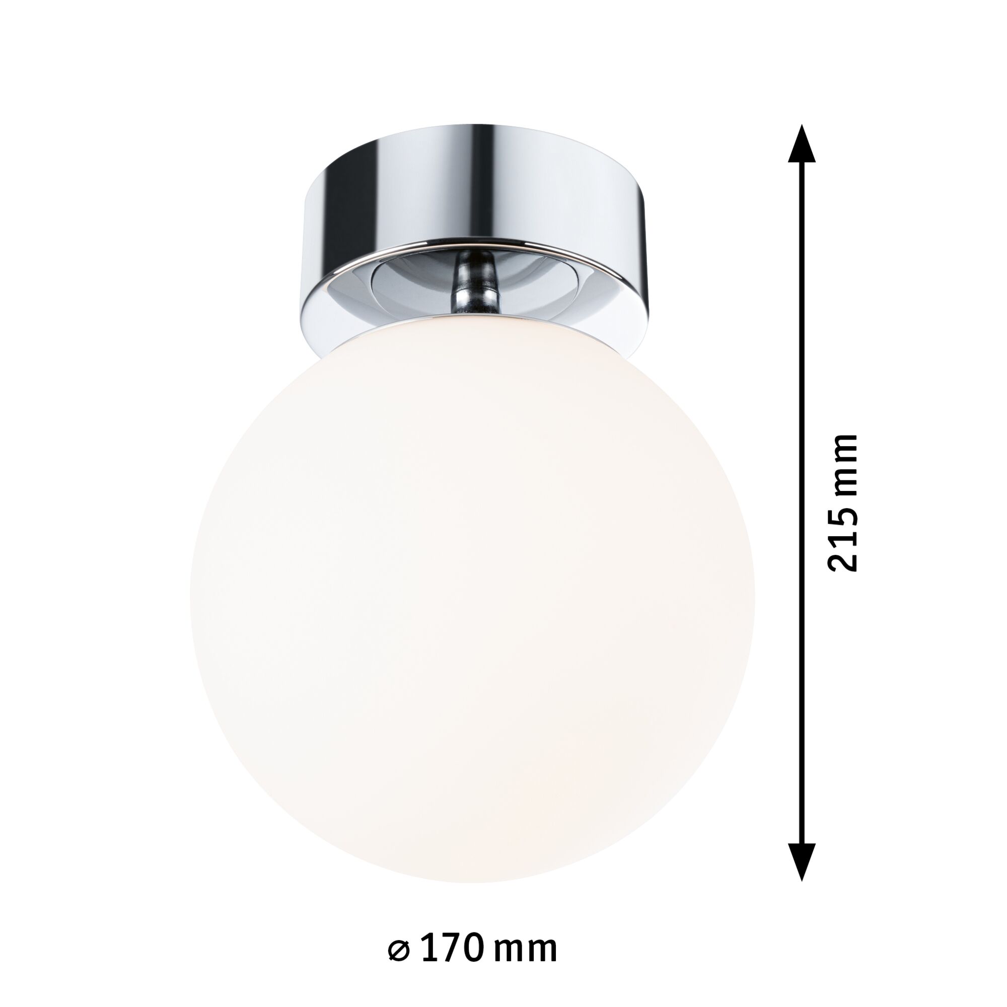Ronde plafondlamp met wit glas en verchroomde metalen houder, 170 mm diameter, 215 mm hoog