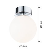 Round ceiling light with white glass and chrome metal mount, 170 mm diameter, 215 mm height