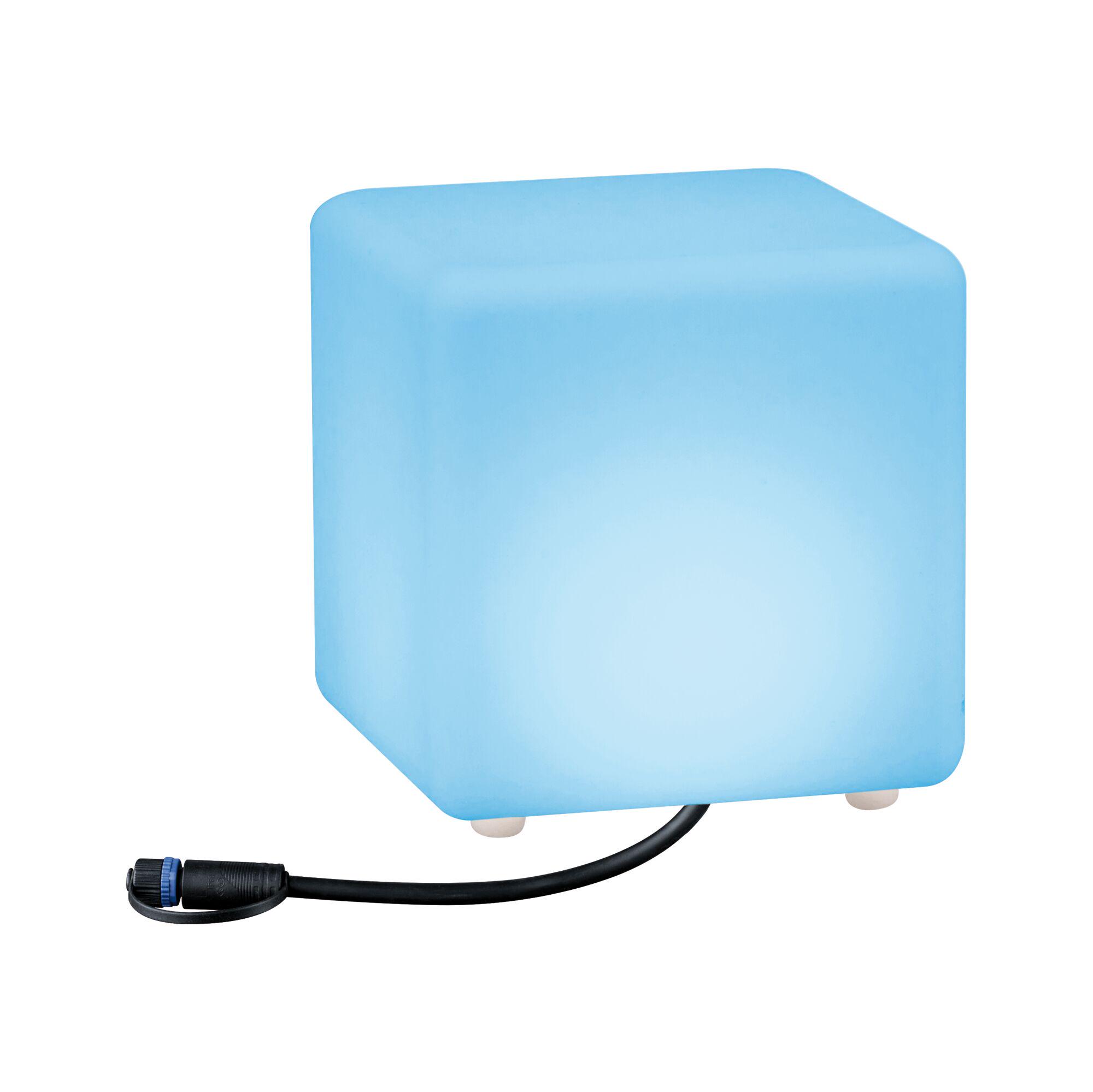 Blue LED cube made of plastic with cable connection for modern outdoor lighting and garden decor.