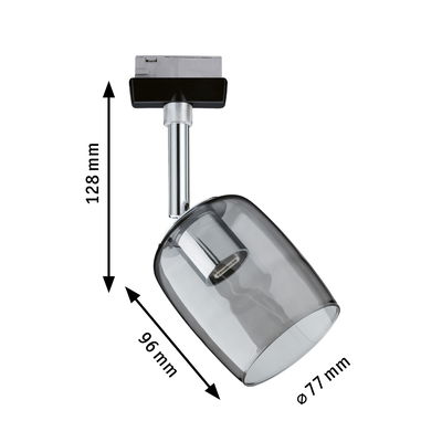 Modern LED spotlight with smoked glass and chrome metal, dimensions 128x96x77 mm, indoor lighting