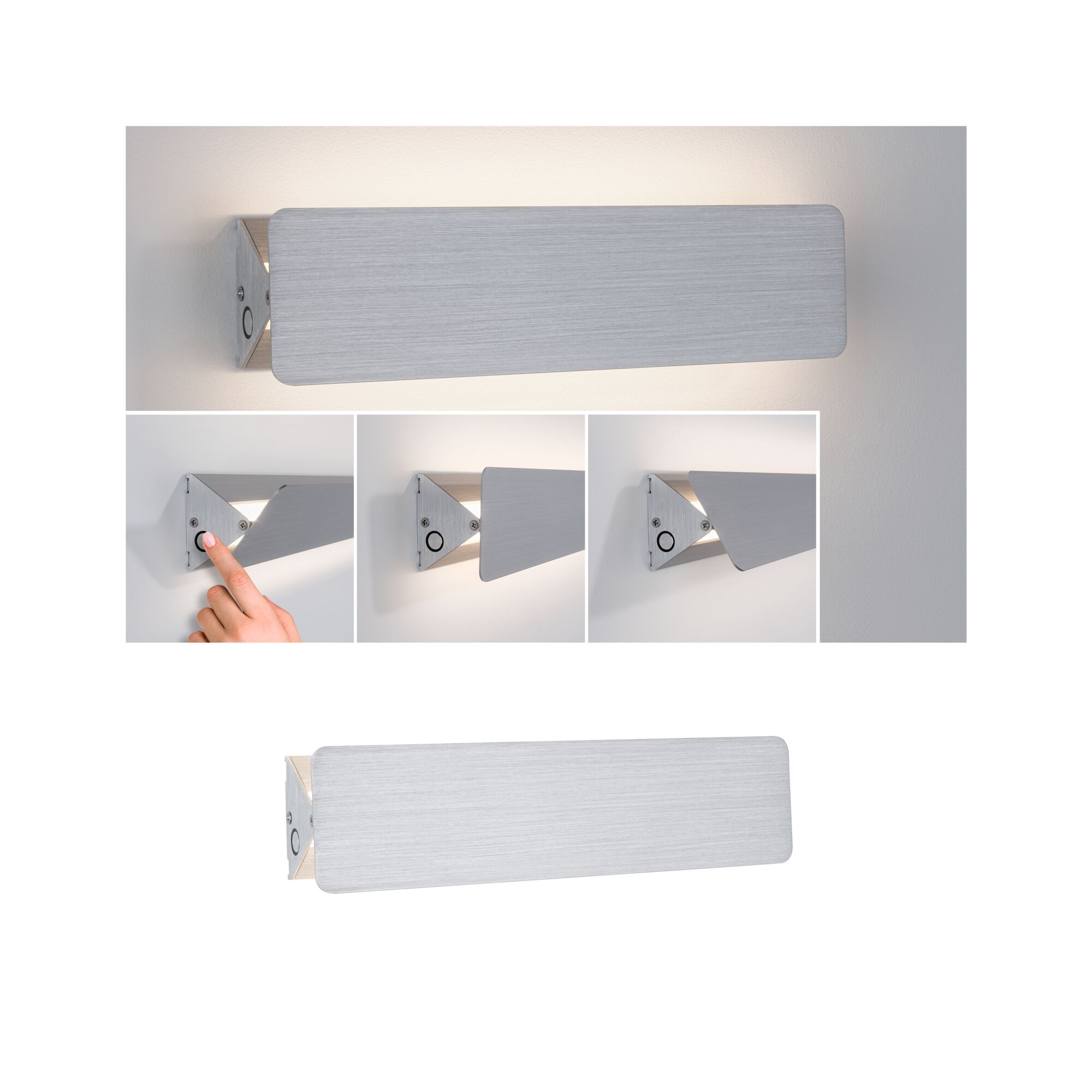 Modern brushed silver aluminum wall light with built-in switch and adjustable lighting for indoor use