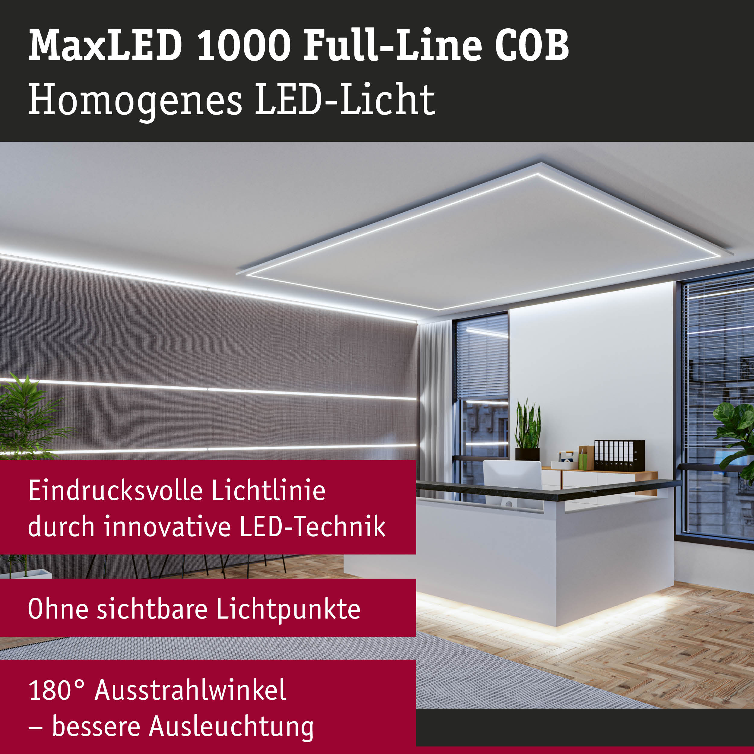 MaxLED 1000 Full-Line COB LED-Deckenleuchte in Weiß mit homogener Lichtlinie für moderne Innenräume
