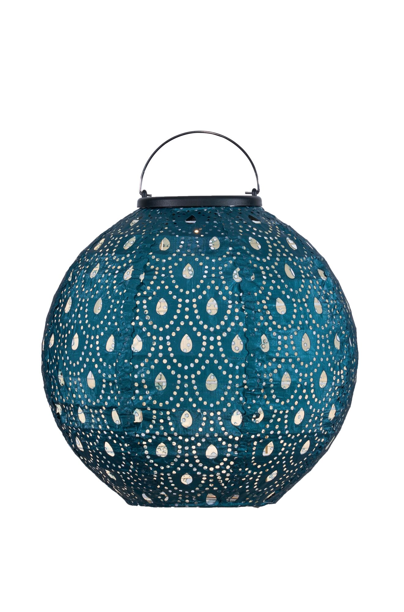 Round blue paper lantern with perforated pattern and black metal handle for ambient lighting