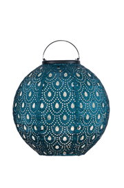 Round blue paper lantern with perforated pattern and black metal handle for ambient lighting