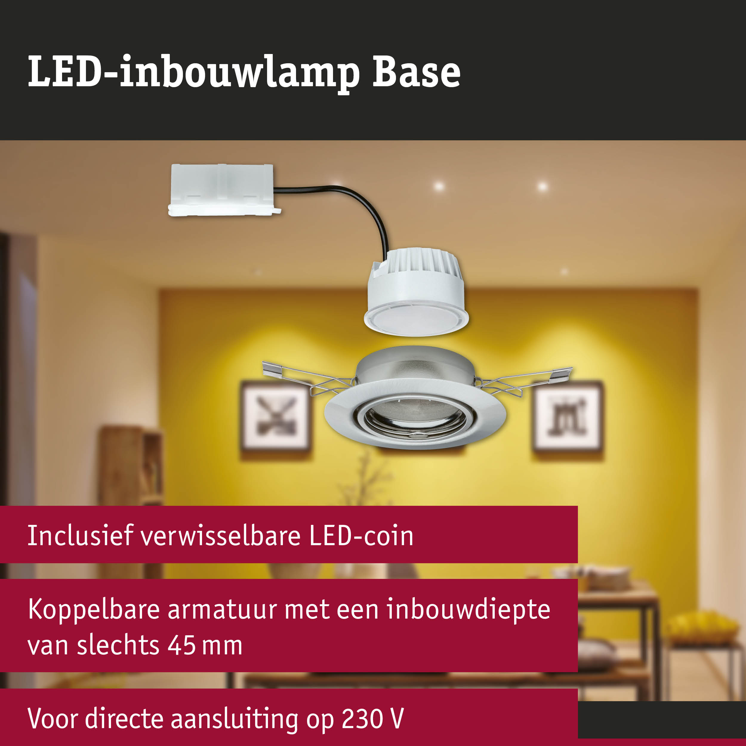 Witte LED-inbouwlamp met verwisselbare LED-coin en 45 mm inbouwdiepte voor 230 V aansluiting