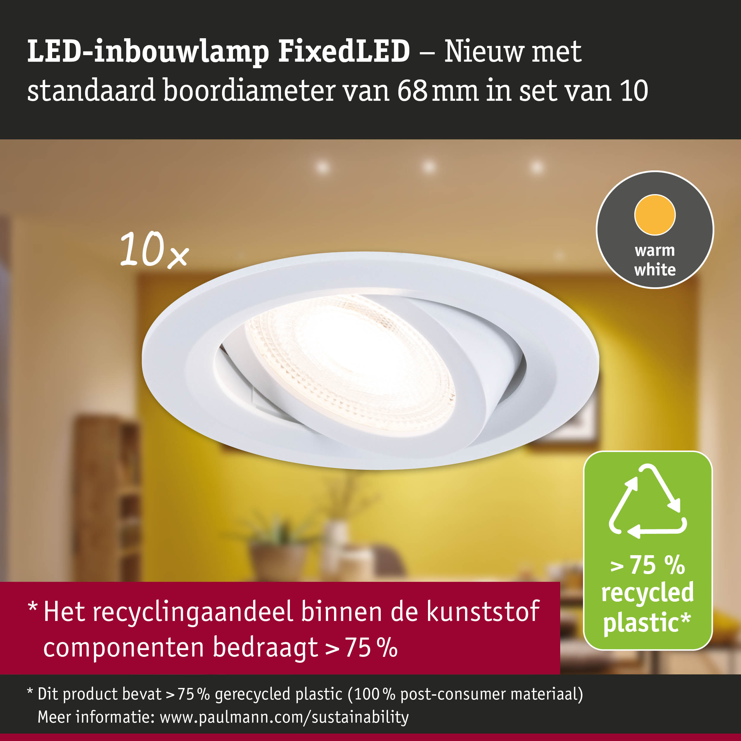 Witte LED-inbouwlamp FixedLED met warm wit licht en 68 mm boorgat, set van 10 stuks
