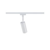 Moderner weißer LED-Strahler aus Metall an Schienensystem für flexible Raumbeleuchtung