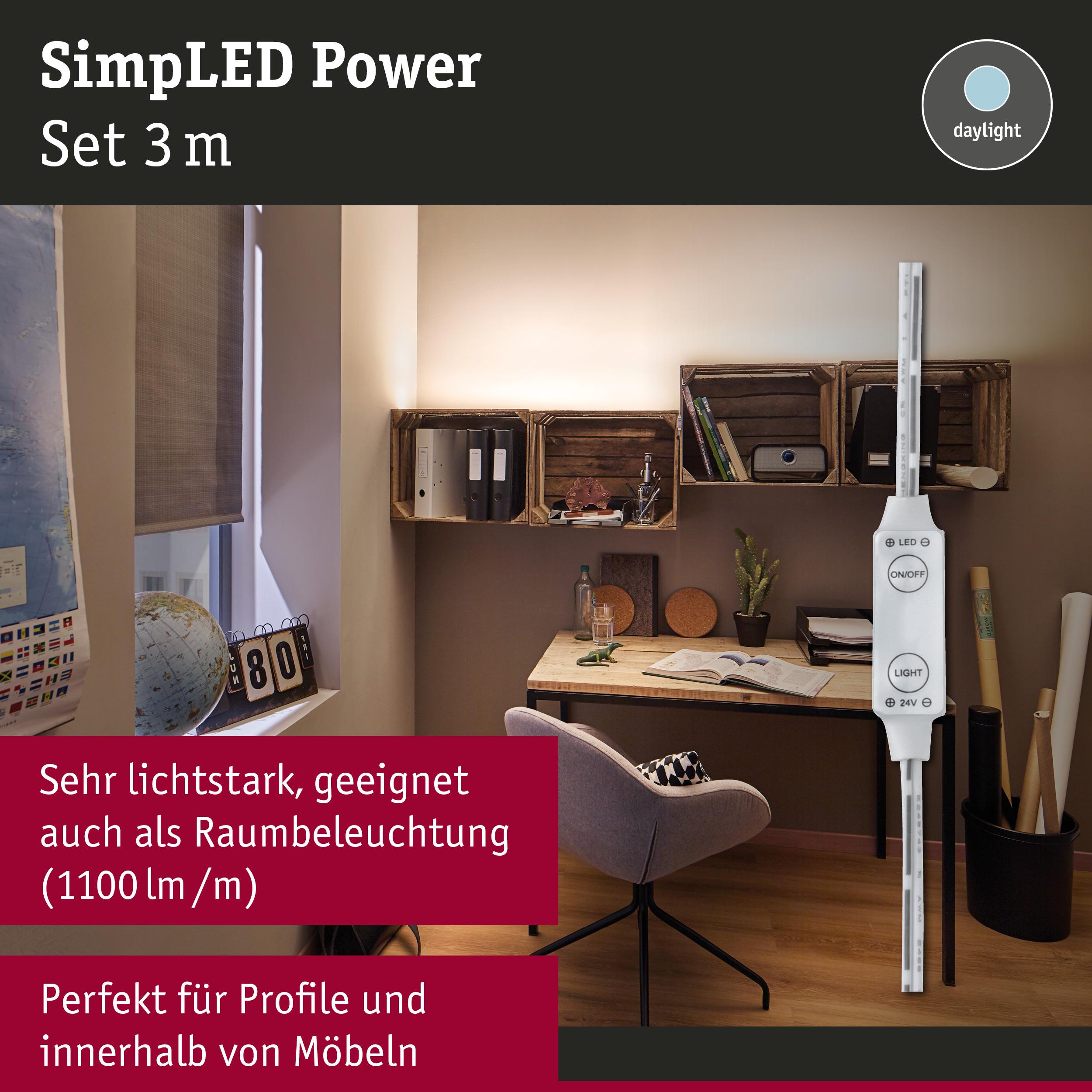 SimLED Power 3m LED-Lichtleiste in Tageslichtweiß, ideal für Möbel und Raumbeleuchtung