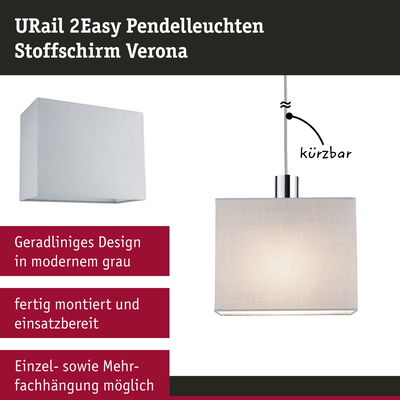 URail 2Easy Pendelleuchte mit grauem Stoffschirm Verona, modernes geradliniges Design, fertig montiert