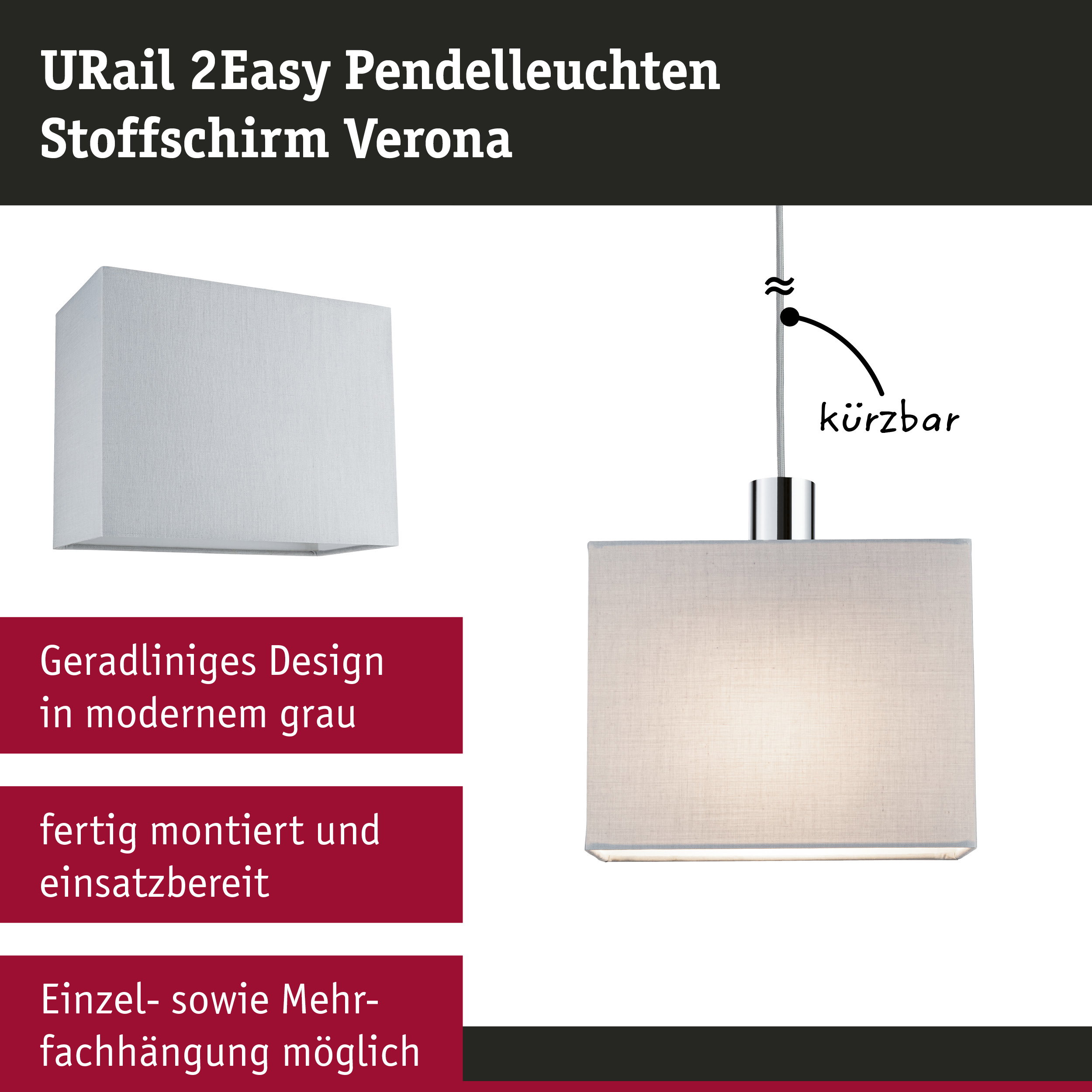 URail 2Easy Pendelleuchte mit grauem Stoffschirm Verona und modernem Design für Wohnräume