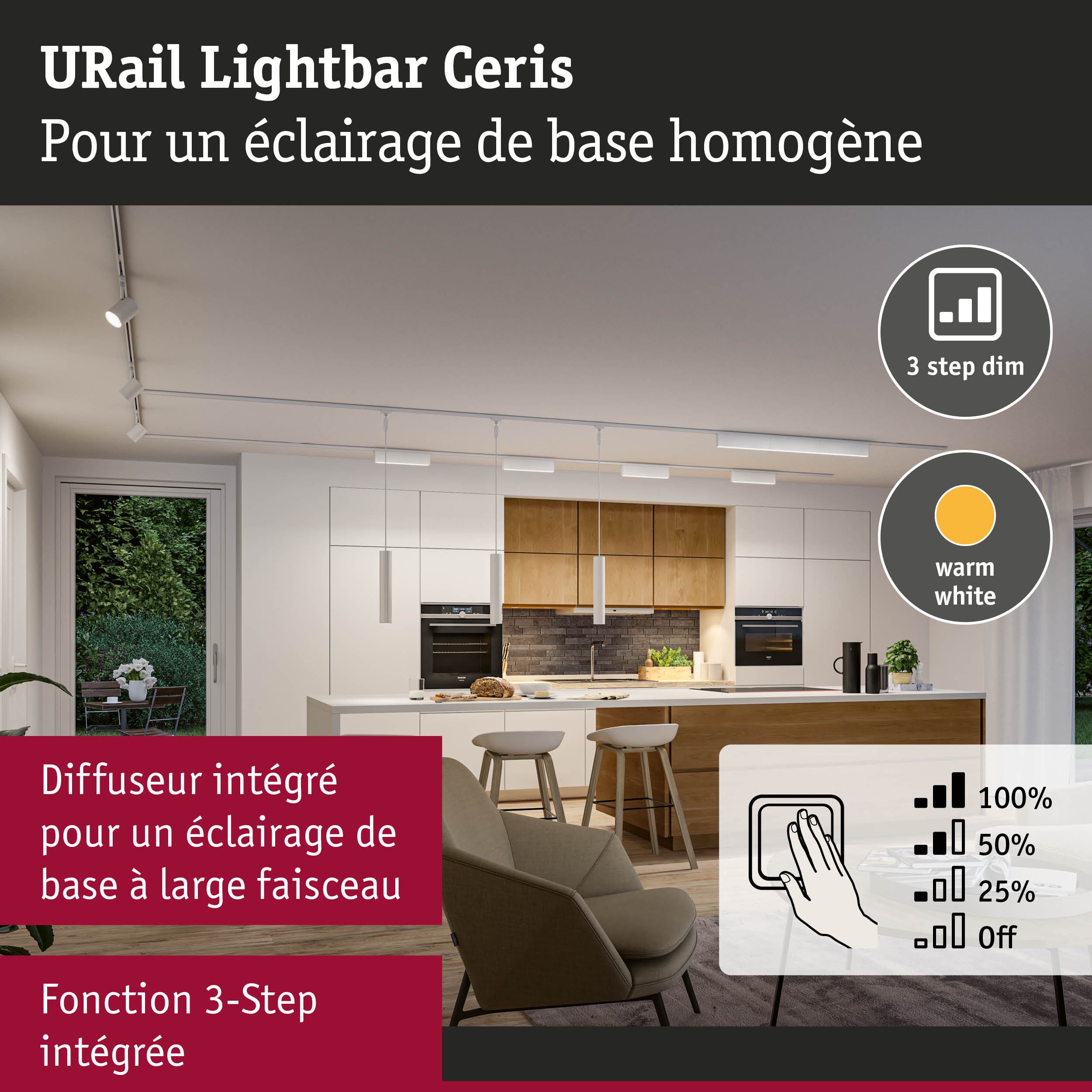 URail Lightbar Ceris lampe de plafond blanche avec fonction 3-step dim pour un éclairage homogène