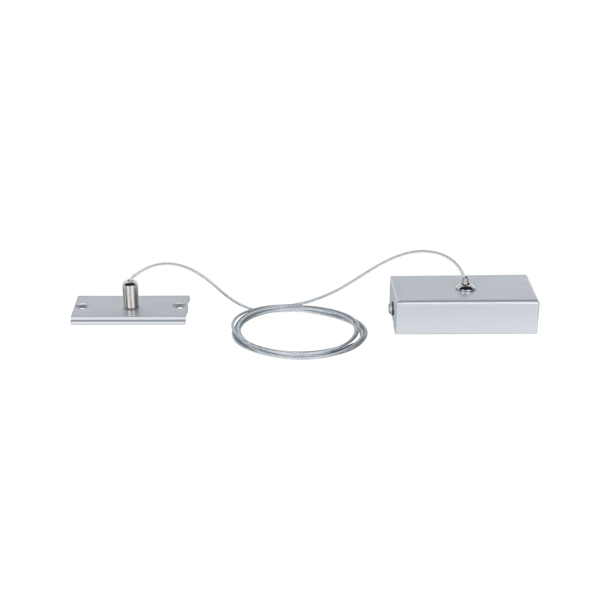 Zilverkleurige stalen kabel met twee rechthoekige metalen bevestigingen voor verlichting