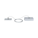 Zilverkleurige stalen kabel met twee rechthoekige metalen bevestigingen voor verlichting