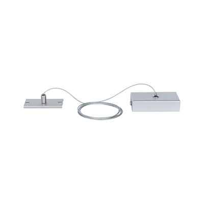 Zilverkleurige stalen kabel met twee rechthoekige metalen bevestigingen voor verlichting