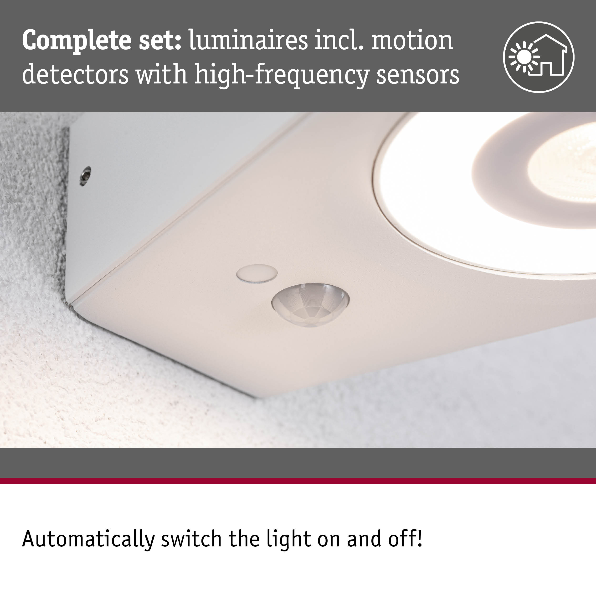 White LED luminaire set with motion detectors and high-frequency sensors for automatic light control