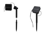 Black plastic solar panel with ground spike and adjustable head for garden lighting