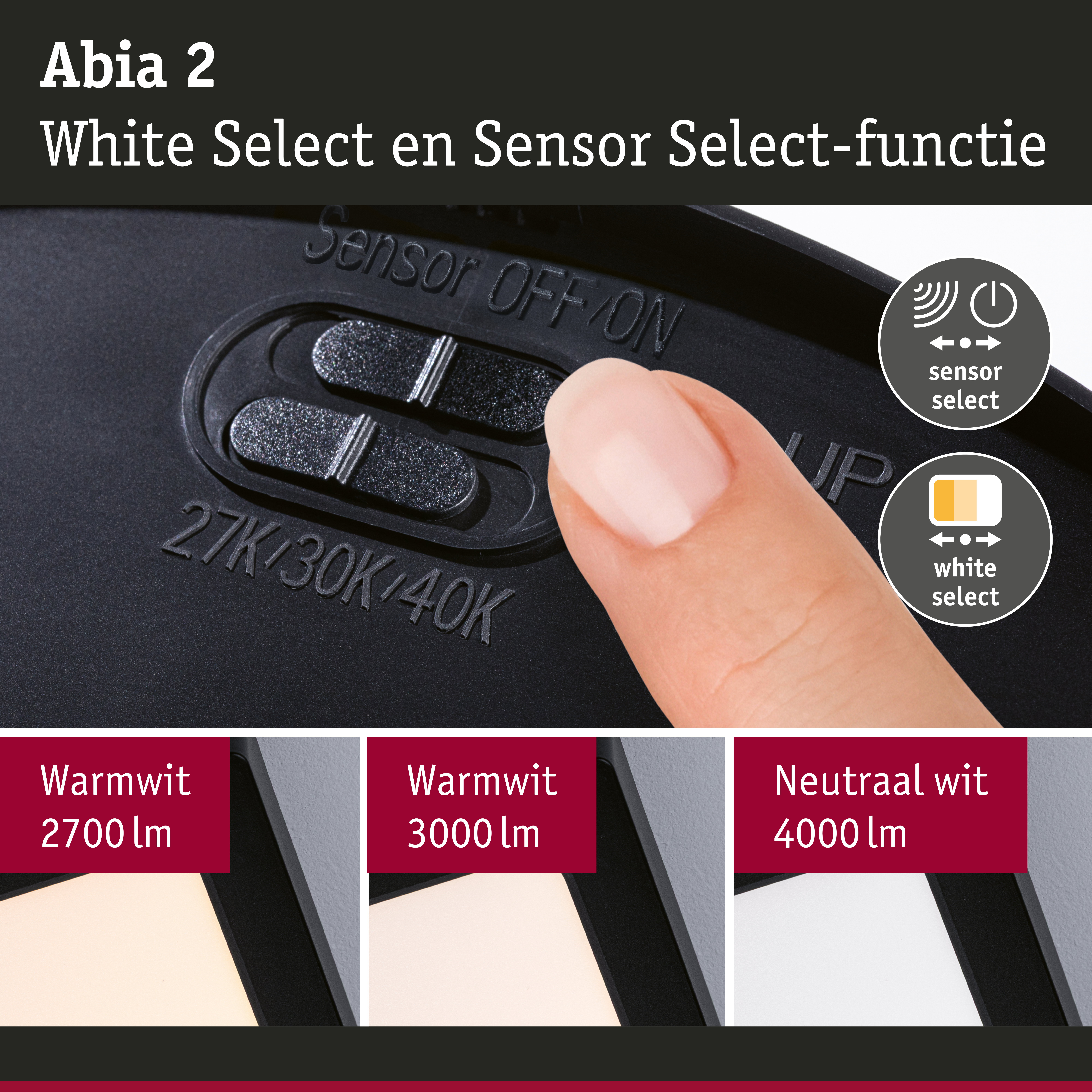 LED-paneel Abia 2 White Select Schemergestuurde bewegingsmelder (HF) hoekig 300x300mm 14W 900lm White Select Zwart