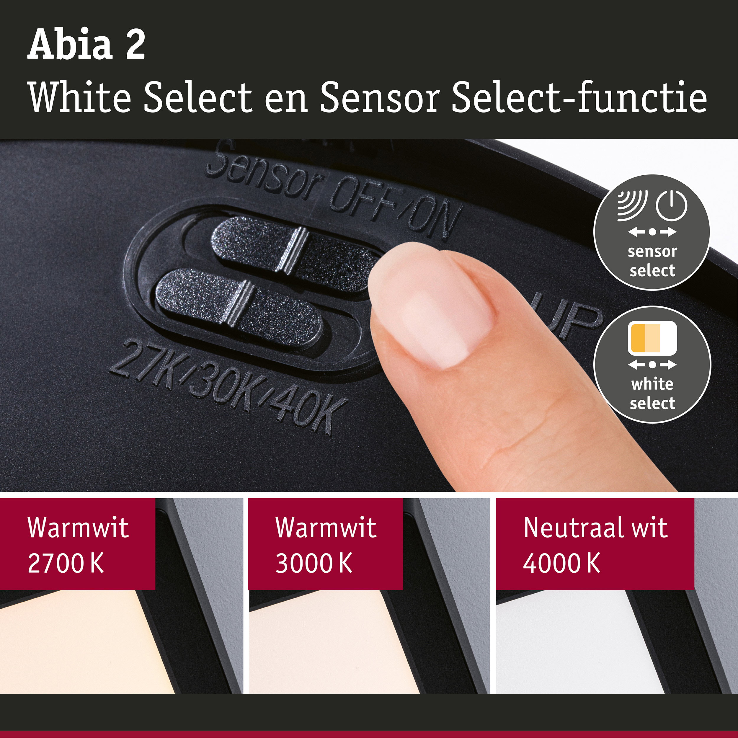 LED-paneel Abia 2 White Select Schemergestuurde bewegingsmelder (HF) hoekig 300x300mm 14W 900lm White Select Zwart