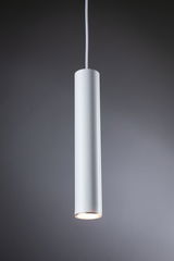 Simple white aluminum pendant light with cylindrical design for modern indoor lighting.