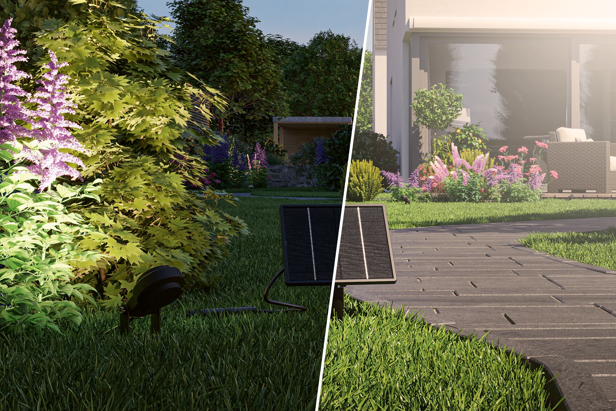 Zwarte zonne-energie tuinlamp die planten en terras verlicht, dag- en nachtweergave buitenverlichting