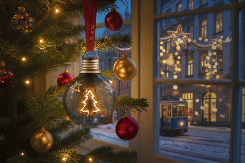 Glaskugel mit LED-Weihnachtsbaum und Sternenmotiv an Tannenzweig mit roten und goldenen Kugeln beleuchtet