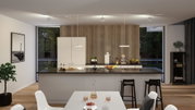 Modern white kitchen island with wood panel wall and minimalist LED ceiling lights in living space