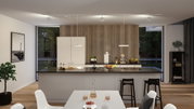 Modern white kitchen island with wood panel wall and minimalist LED ceiling lights in living space