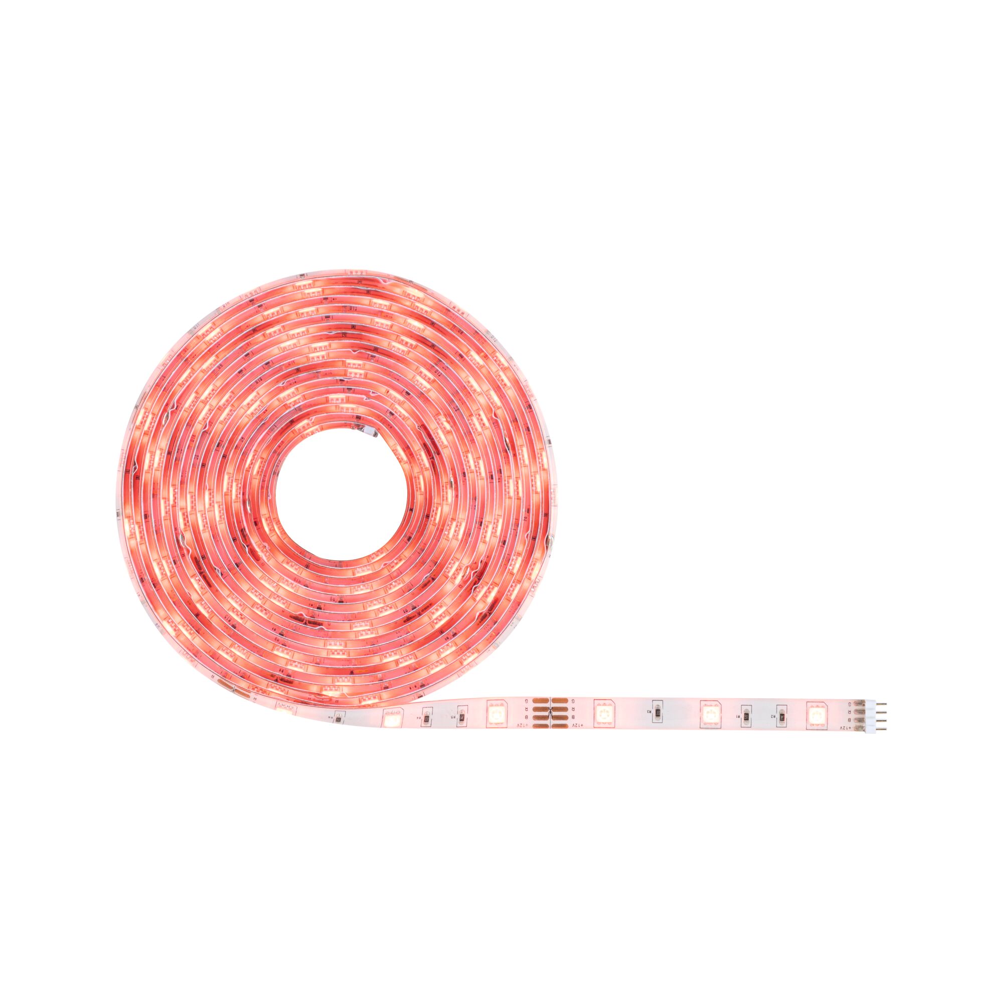 Rolle eines roten LED-Lichtbands mit flexibler Kunststoffbasis für dekorative Beleuchtung.