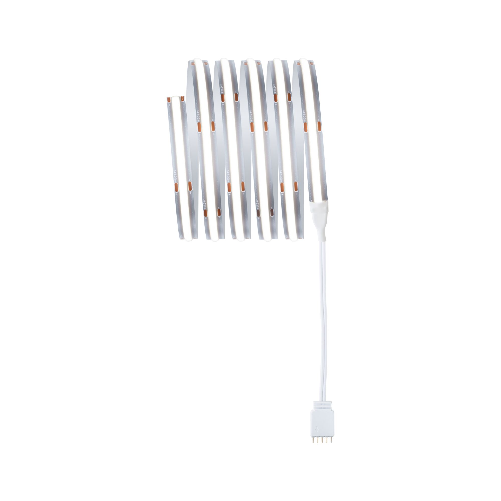 Flexible LED light strip with white cable and 4-pin connector for modern LED lighting solutions.