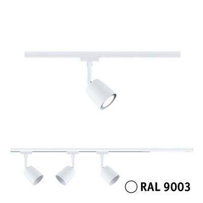 Hvid metal LED-spot til skinnesystem i RAL 9003, moderne accentbelysning