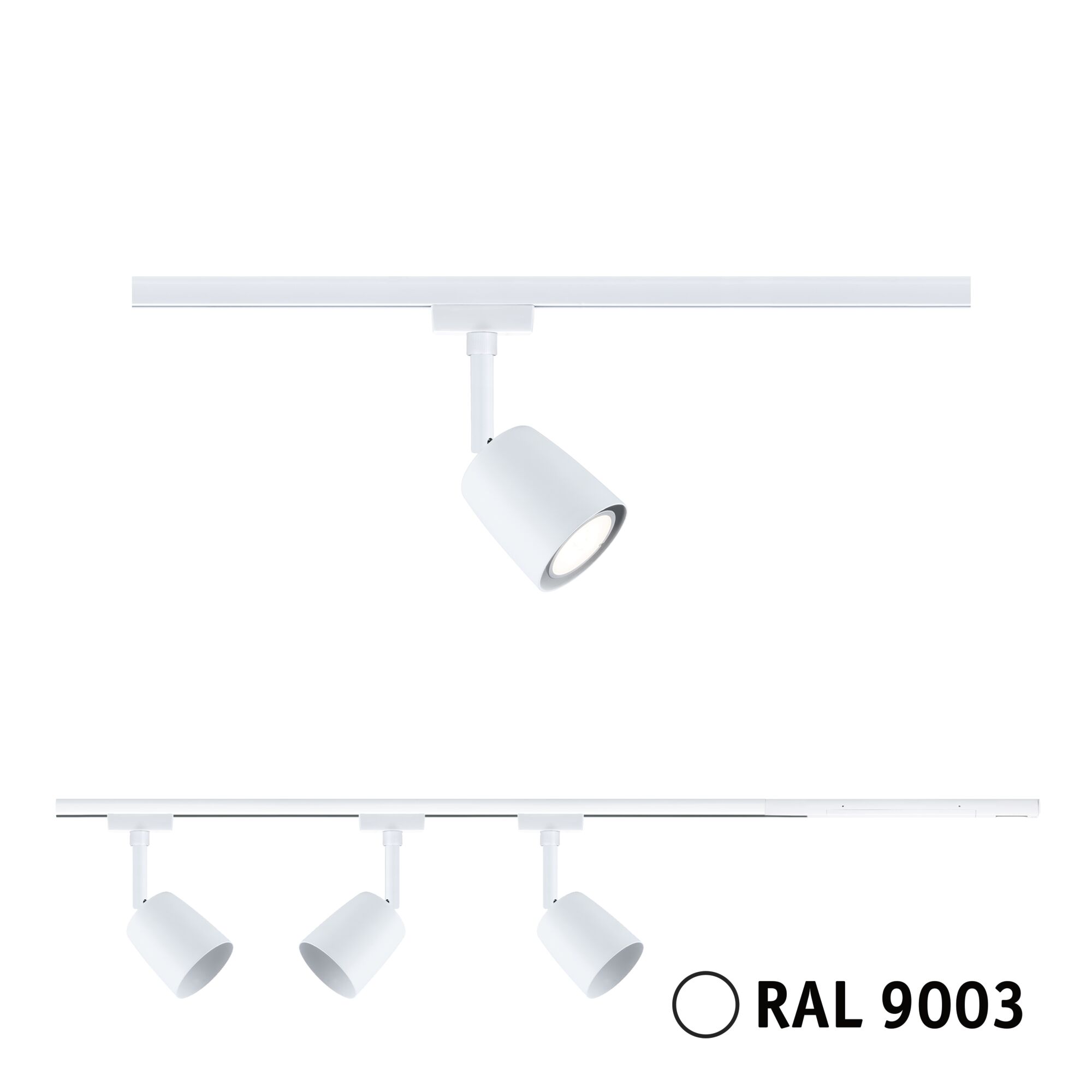 Hvid metal LED-spot til skinnesystem i RAL 9003, moderne accentbelysning