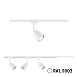 White metal LED spotlight for track system in RAL 9003, modern accent lighting fixture