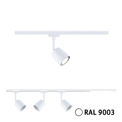 White metal LED spotlight for track system in RAL 9003, modern accent lighting fixture
