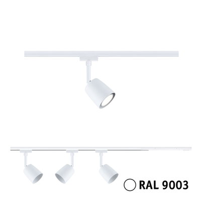 White metal LED spotlight for track system in RAL 9003, modern accent lighting fixture