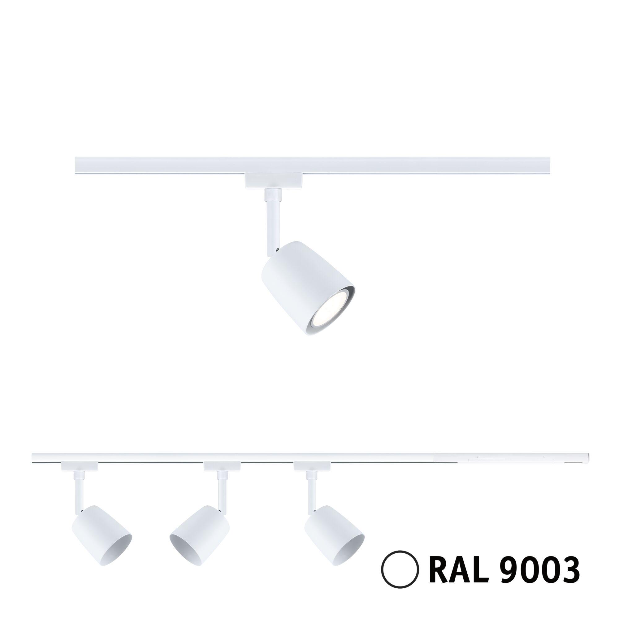 White metal LED track spotlight in RAL 9003, modern interior lighting for homes and offices