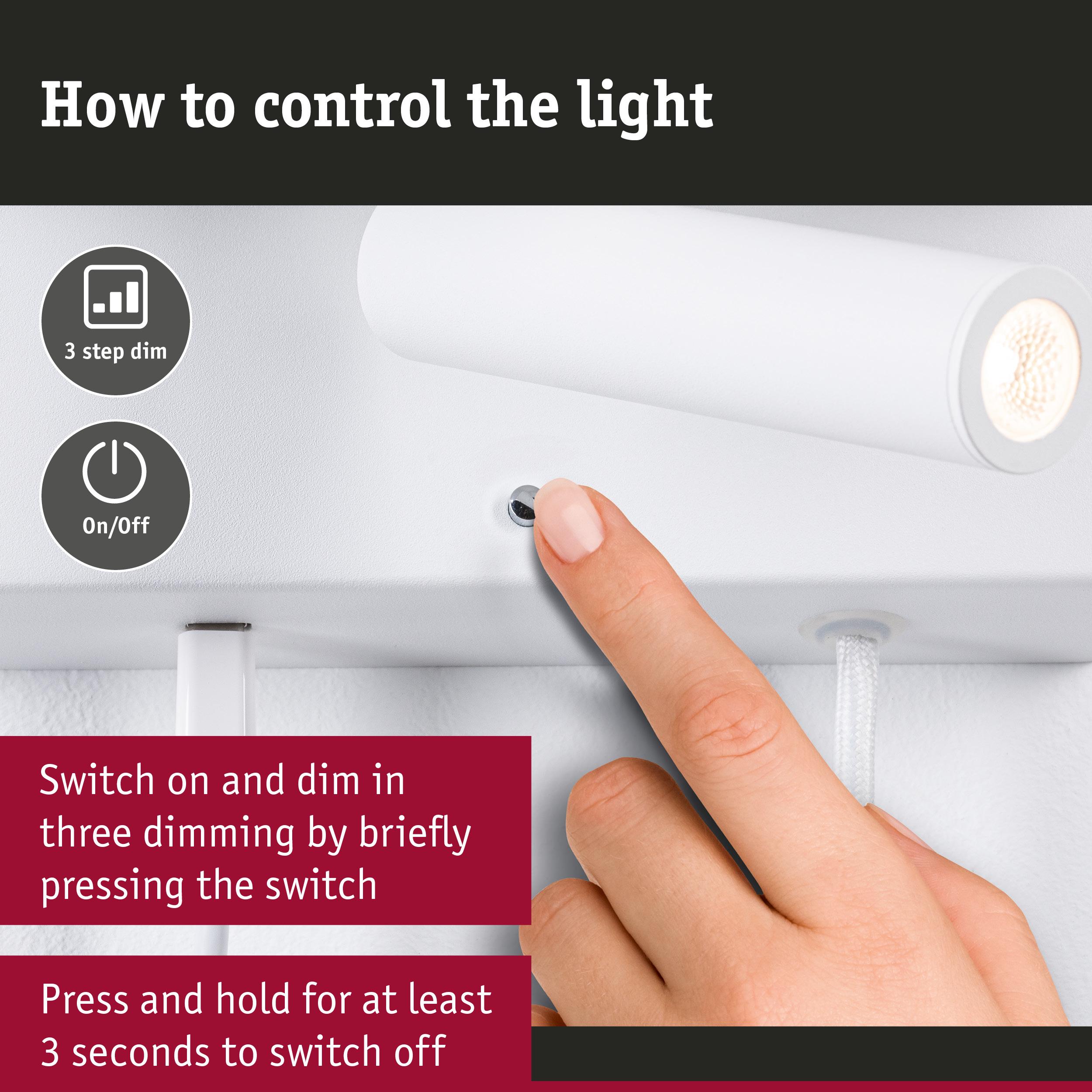 White LED wall light with simple on/off switch and three-step dimming for easy light control