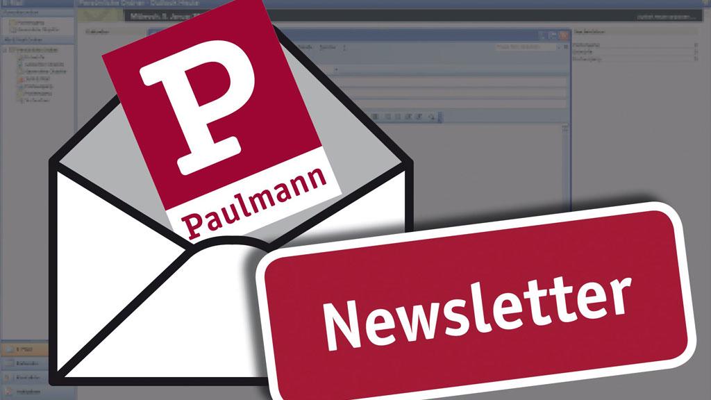 Afbeelding met open envelop, Paulmann-logo en rood nieuwsbriefbord voor e-mailmarketing.